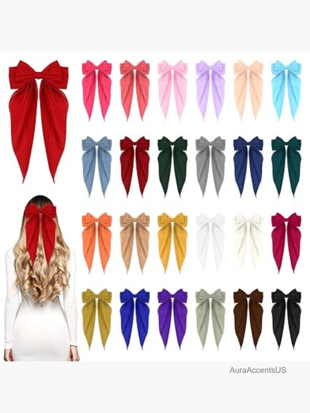 25 Satin Hair Bows with Metal Clips for Ponytails, Weddings & Daily Wear